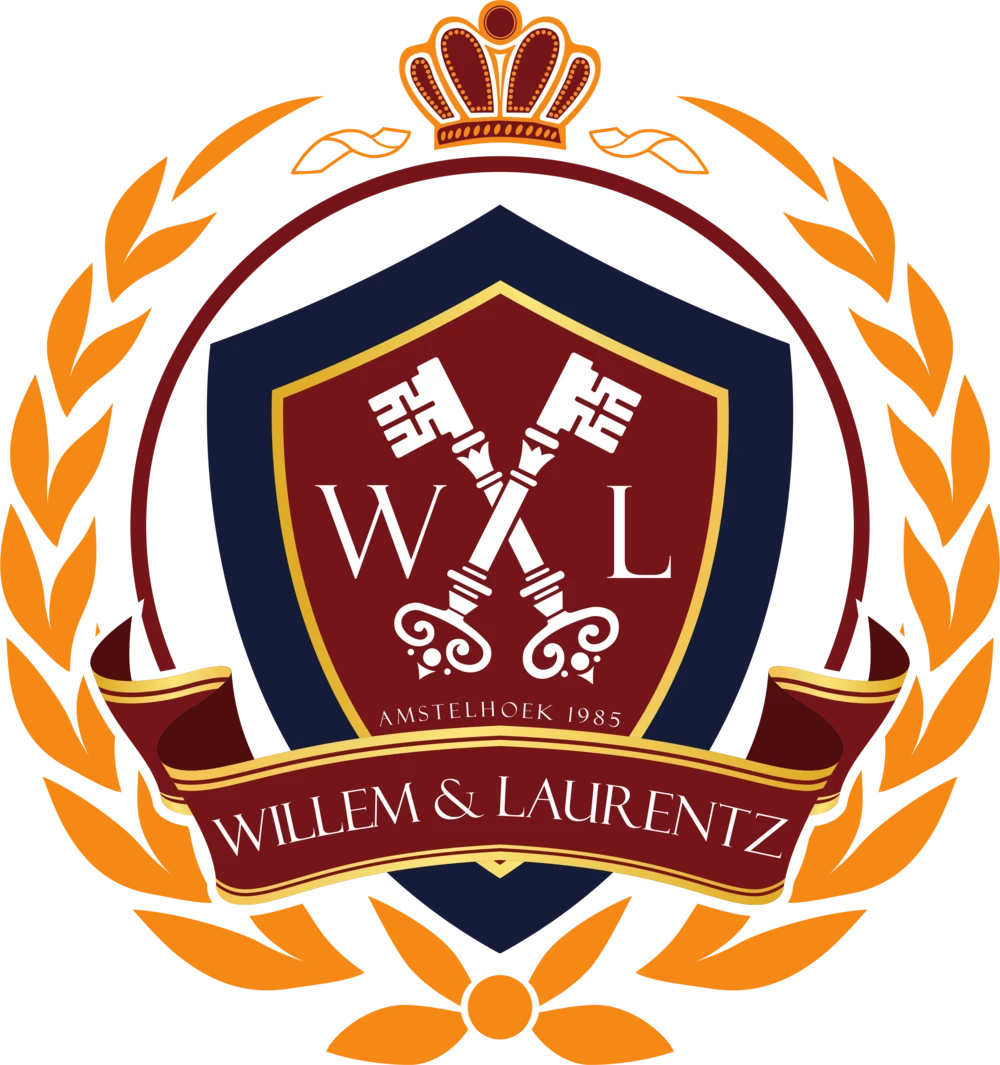 The Willem & Laurentz coat of arms: two crossed keys on a shield, wheat wreath and crown, reading Willem & Laurentz, Amstelhoek 1985